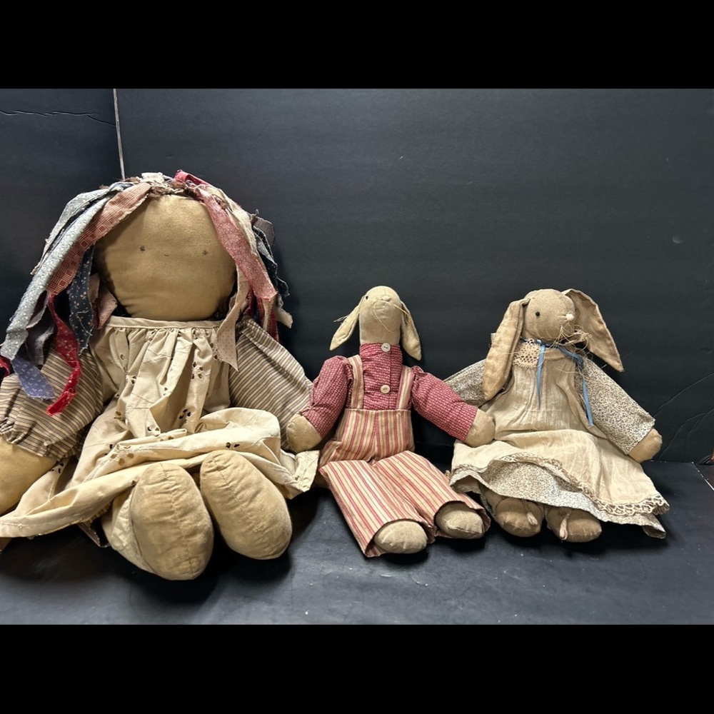 Primitive Cloth Bunny Dolls Set - Neutral Brown Fabric Toys